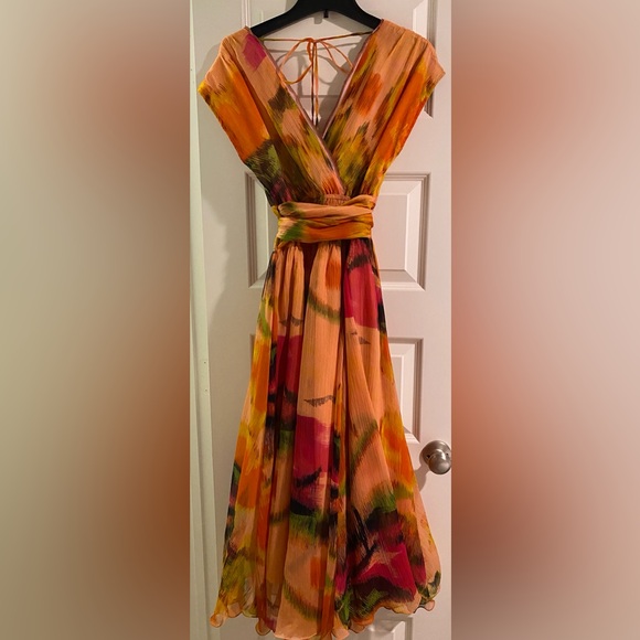 Orange and Yellow Ruched Tiered Midi Dress - Picture 1 of 10